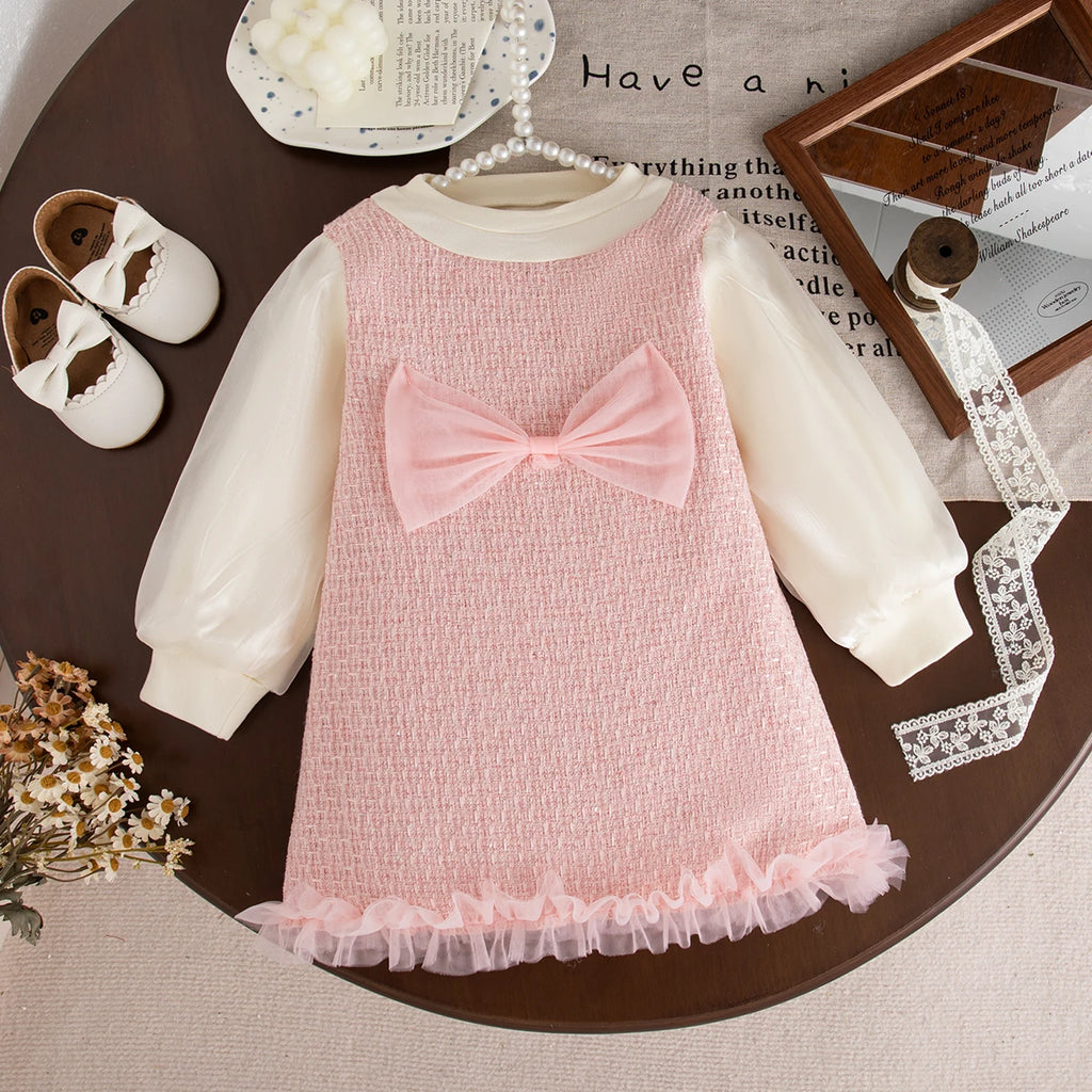 9 Months -3 Years Old Spring And Autumn New Sweet Bow Baby Girl Dress, Korean Style Children'S Long Sleeved Clothes