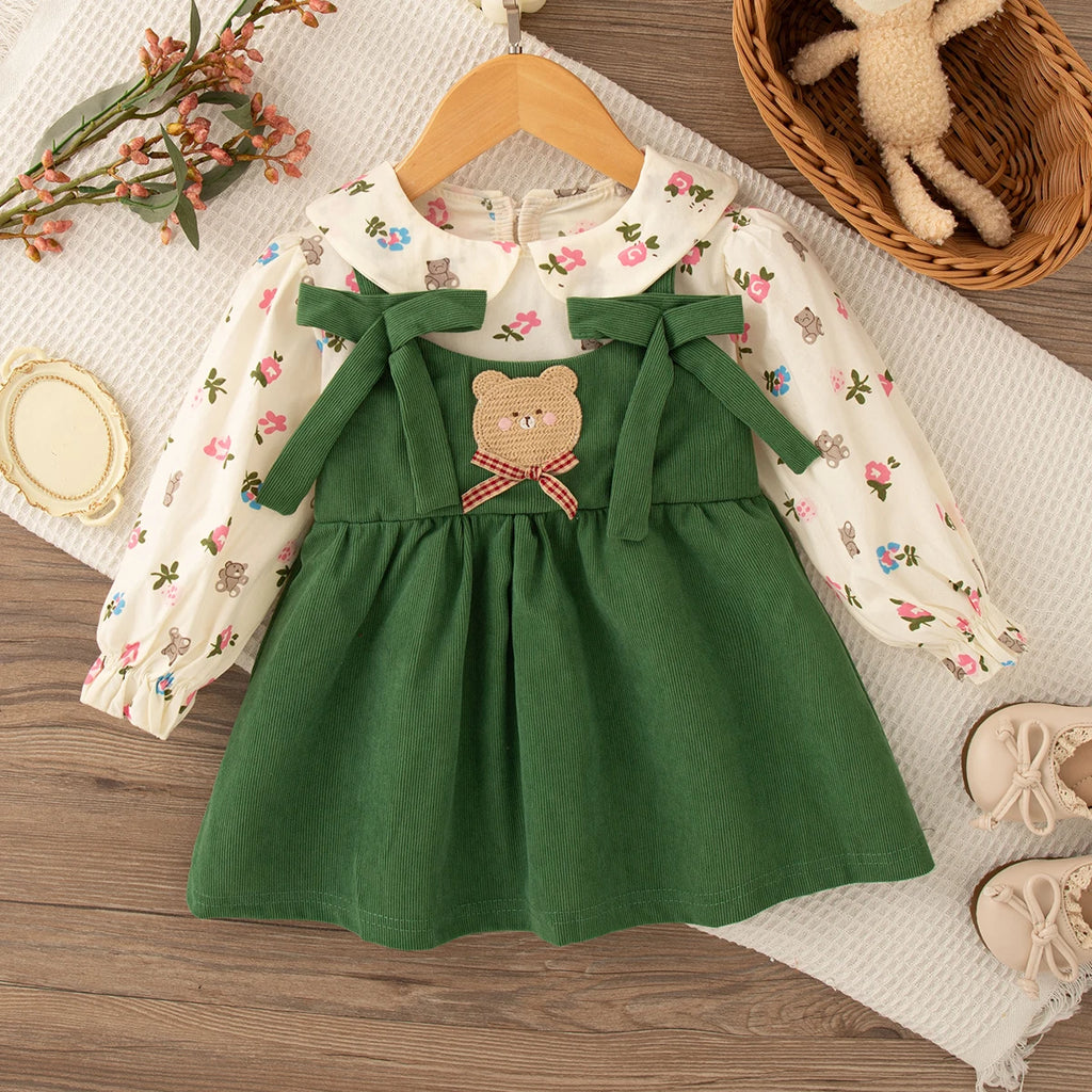 9 Months -4 Years Old Spring And Autumn New Floral Long Sleeved Baby Girl Dress, Sweet Bow Children'S Clothing