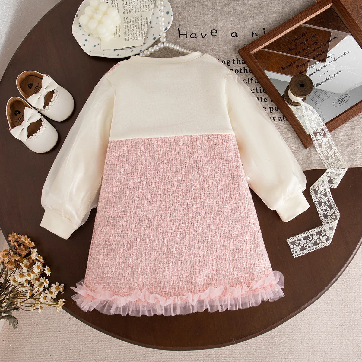 9 Months -3 Years Old Spring And Autumn New Sweet Bow Baby Girl Dress, Korean Style Children'S Long Sleeved Clothes
