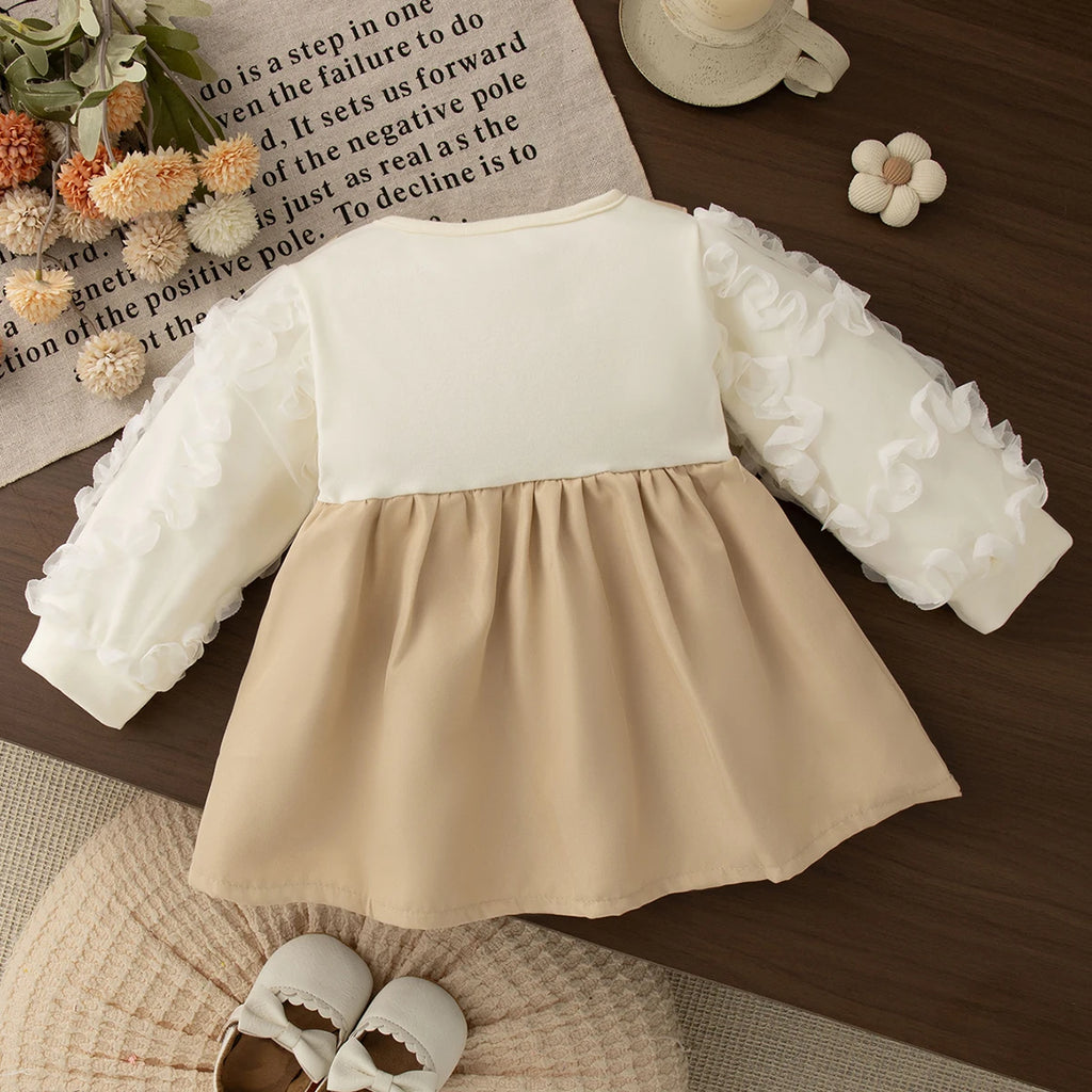 6-24 Months Spring And Autumn New Sweet Bow Baby Girl Dress, Korean Style Bubble Long Sleeved Children'S Clothing For Parties