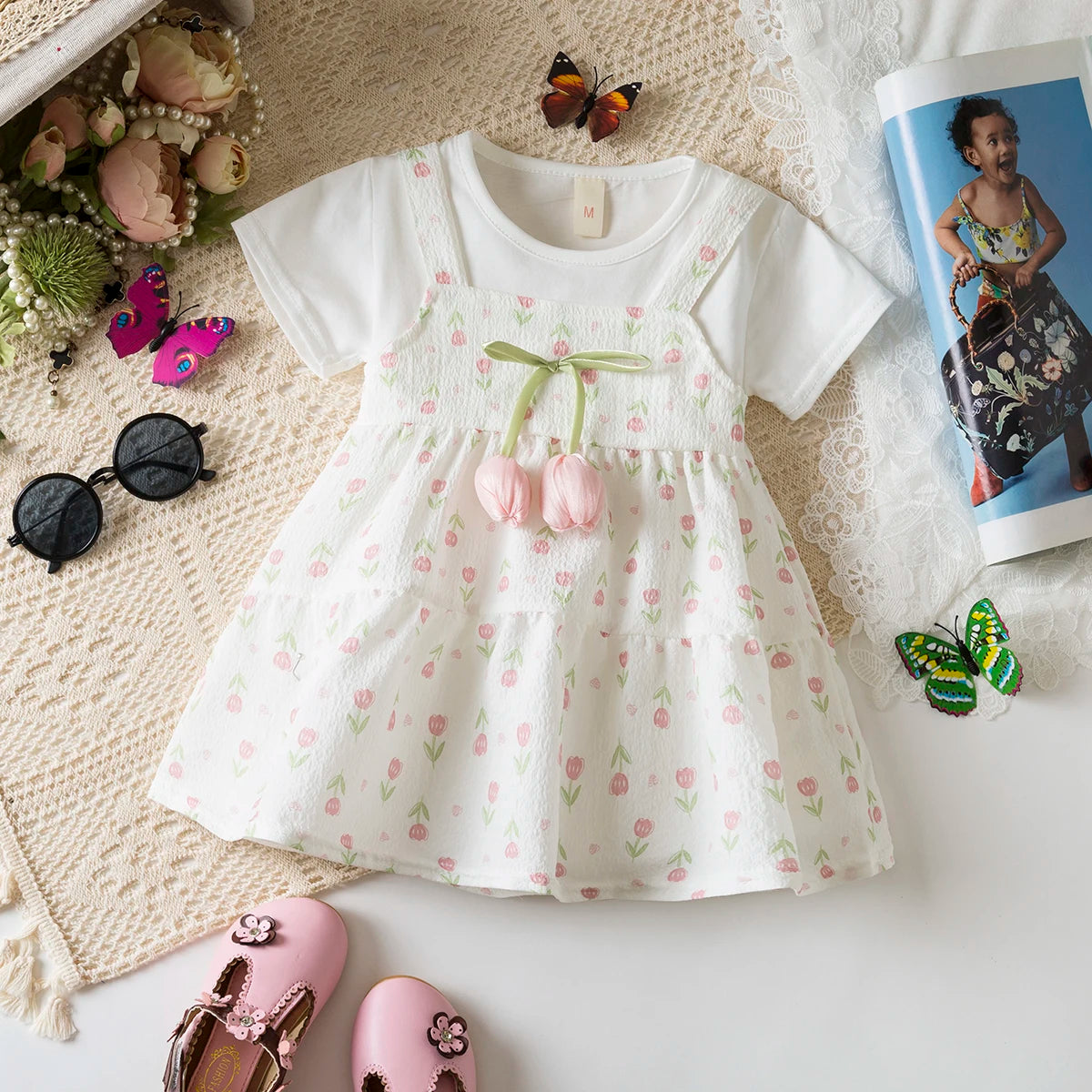 6-24 Months Summer New Sweet Floral Baby Girl Dress, Casual Style White Short Sleeved Children'S Clothing