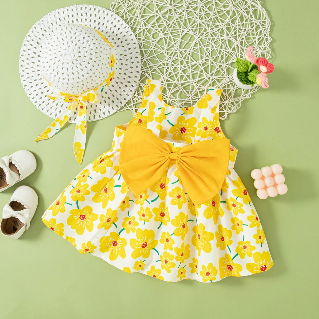 (0-2 Year Old Baby Girl Floral Dress) Summer New Sweet Bow Children'S Sleeveless Clothes With Free Hat For Beach Party