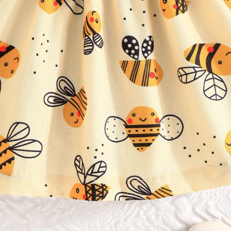 (0-3 Year Old Baby Girl Dress) Summer New Yellow Little Fly Sleeves Cute Bee Children'S Sleeveless Clothes+Bow Headband