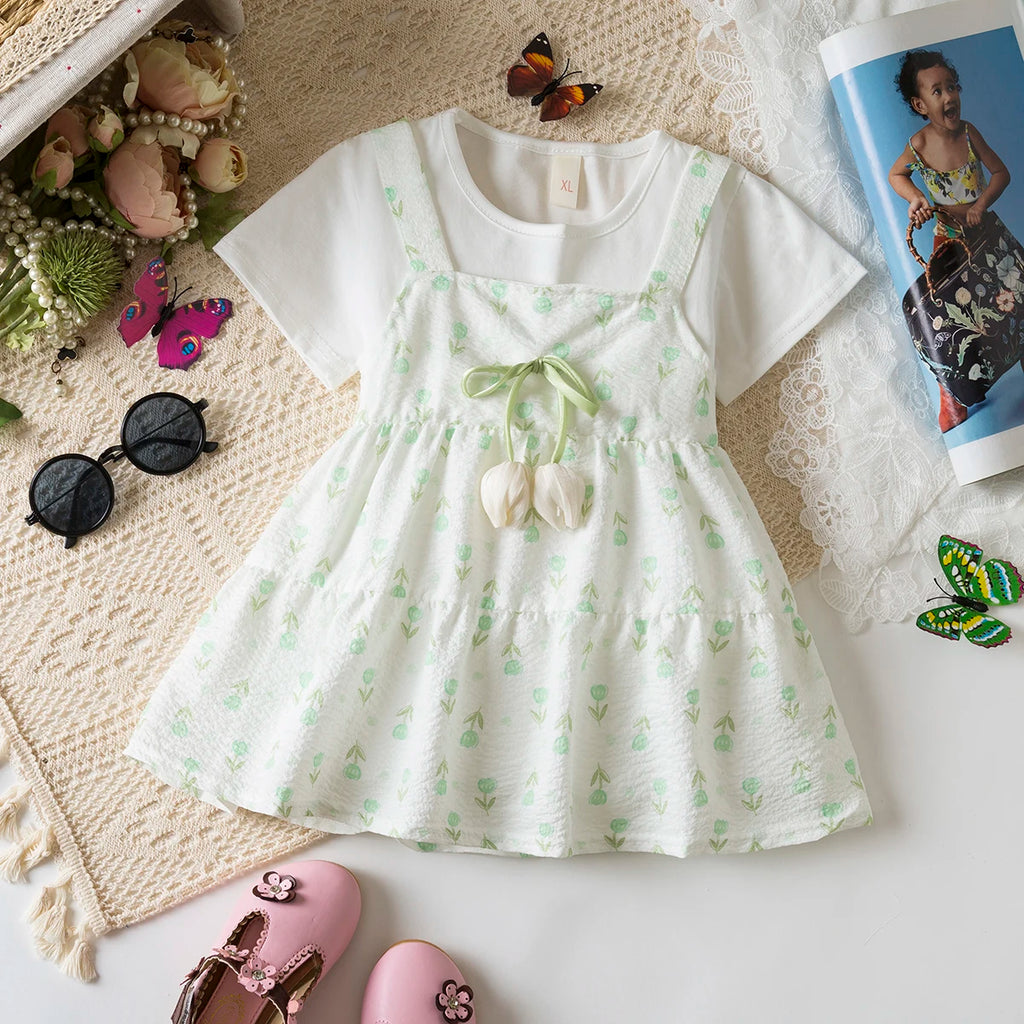 6-24 Months Summer New Sweet Floral Baby Girl Dress, Casual Style White Short Sleeved Children'S Clothing