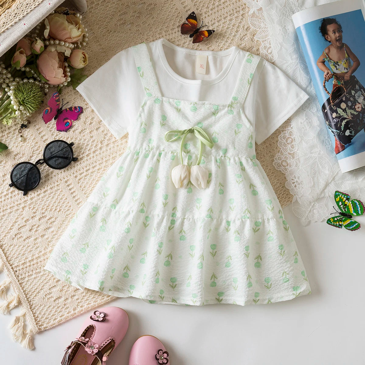 6-24 Months Summer New Sweet Floral Baby Girl Dress, Casual Style White Short Sleeved Children'S Clothing