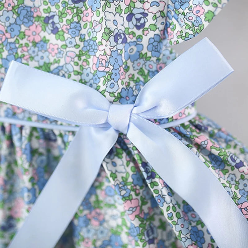 Summer New Blue Floral Baby Girl Dress, Sweet Bow Children'S Sleeveless Clothes (9 Months -4 Years Old)