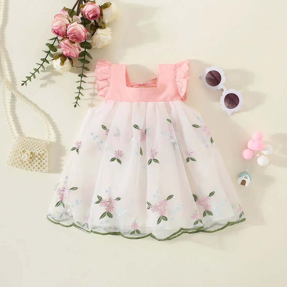 (0-3 Year Old Baby Girl Princess Dress) Summer New Sweet Flower Embroidered Chiffon Children'S Sleeveless Clothes
