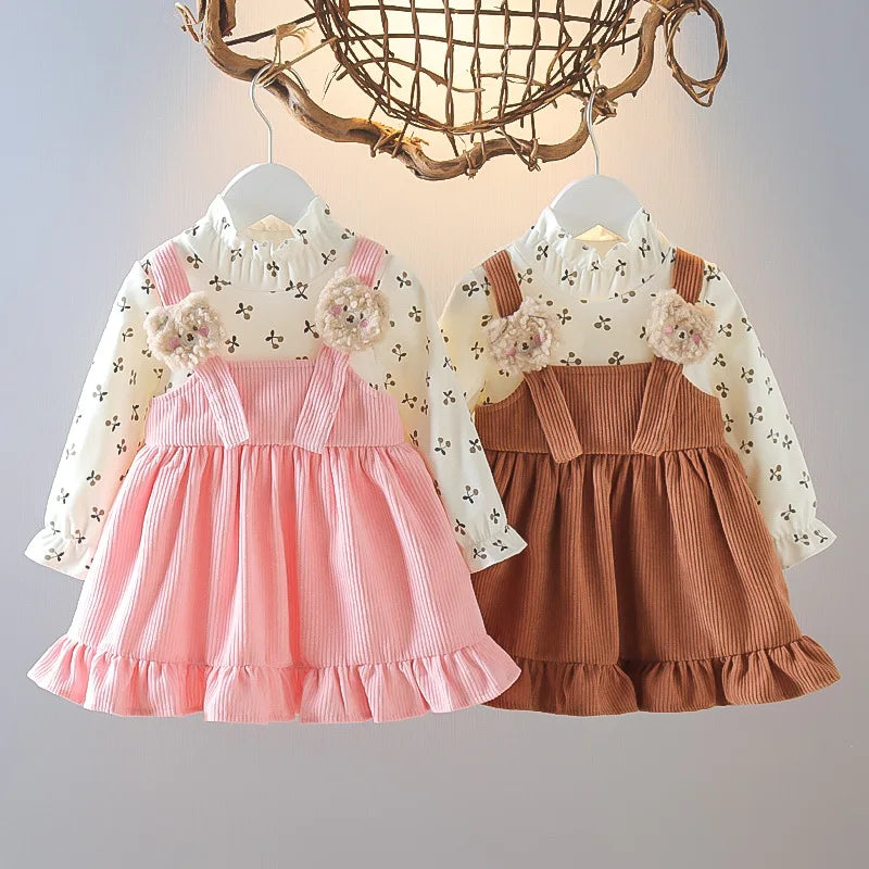 New Fall New Girls Dress Fake Two Upper Body Knitwear Suspenders Corduroy Floral Bear Fluffy Lace Pleated Sweet Princess Dress