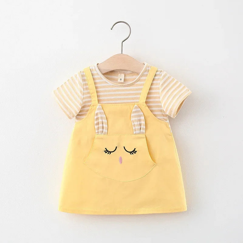 Summer Baby Cartoon Cat Dress Striped Short Sleeve Top Suspended Princess Dress 0-3 Year Old Girls' Clothing