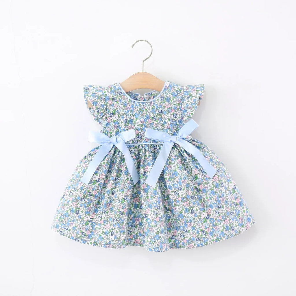 Summer New Blue Floral Baby Girl Dress, Sweet Bow Children'S Sleeveless Clothes (9 Months -4 Years Old)