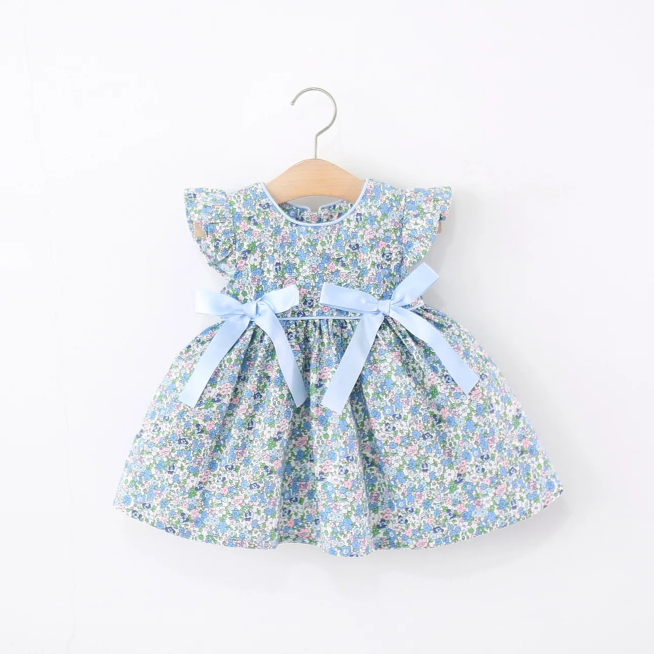 Summer New Blue Floral Baby Girl Dress, Sweet Bow Children'S Sleeveless Clothes (9 Months -4 Years Old)