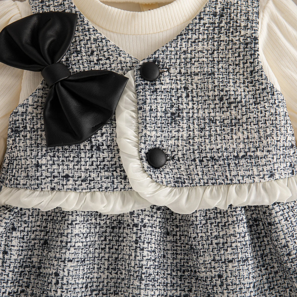 Autumn New Sweet Bow Baby Girl Dress, Simple Checkered Long Sleeved Children'S Clothing Suitable For Babies Aged 0-3 Years