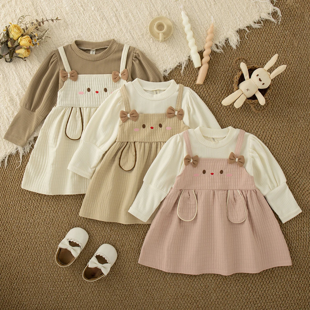 Cute Rabbit Baby Girl Dress, Spring And Autumn New Sweet Bow Children'S Long Sleeved Clothes (9 Months -3 Years Old)