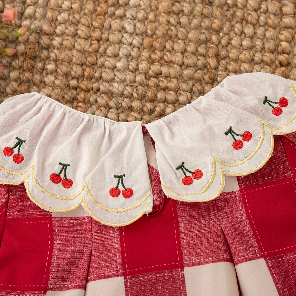 9 Months -4 Years Old Summer New Plaid Short Sleeved Baby Girl Dress, Red Cherry Petal Lapel Children'S Clothing