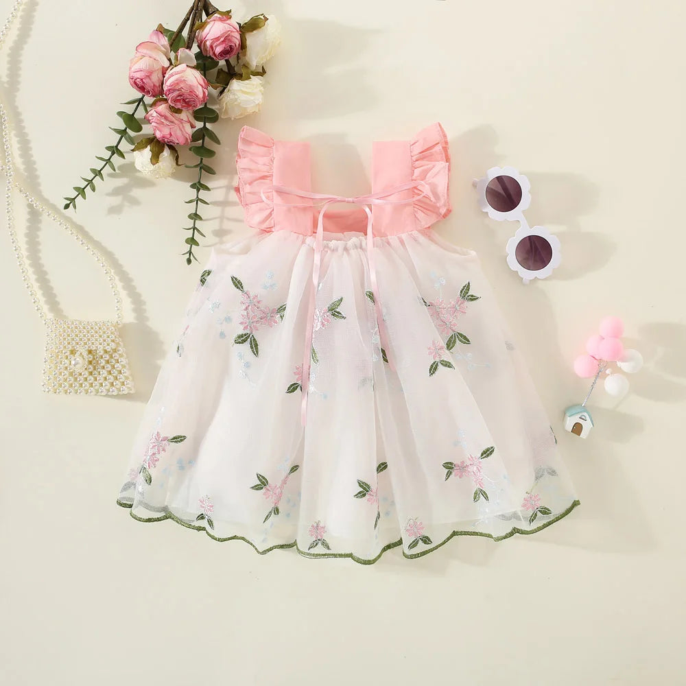 (0-3 Year Old Baby Girl Princess Dress) Summer New Sweet Flower Embroidered Chiffon Children'S Sleeveless Clothes