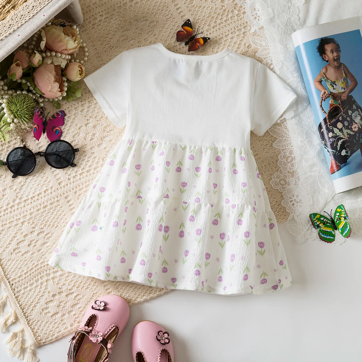 6-24 Months Summer New Sweet Floral Baby Girl Dress, Casual Style White Short Sleeved Children'S Clothing
