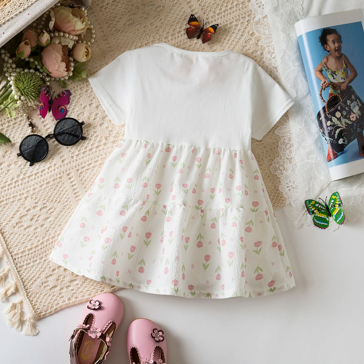 6-24 Months Summer New Sweet Floral Baby Girl Dress, Casual Style White Short Sleeved Children'S Clothing