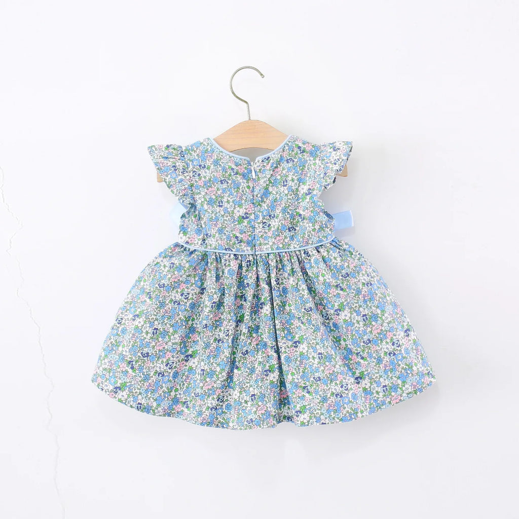 Summer New Blue Floral Baby Girl Dress, Sweet Bow Children'S Sleeveless Clothes (9 Months -4 Years Old)
