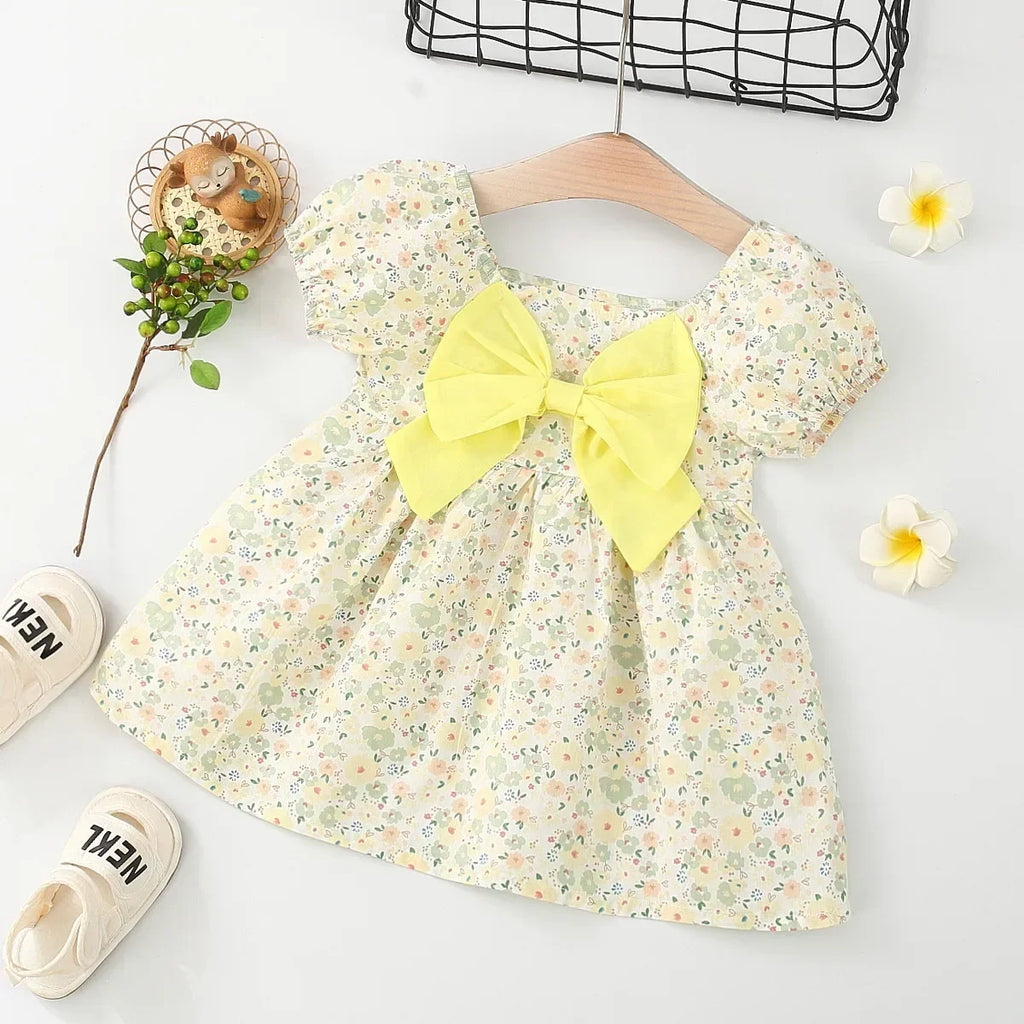 New Girls Dress Summer  Bubble Sleeve Holiday Style Casual Sweet Princess Dress Chest Bow Floral Pattern Birthday Party Dress