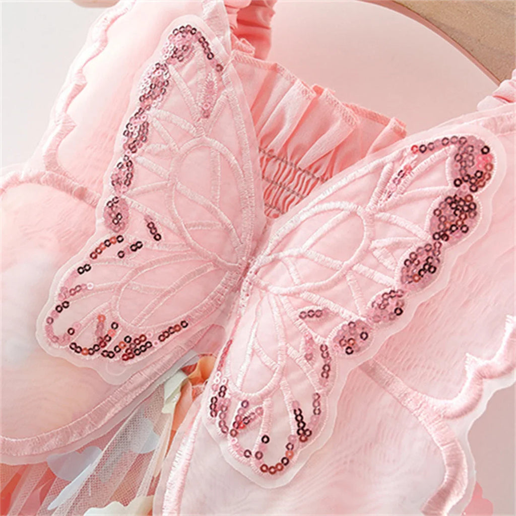 New Summer Baby Girl Dress Halter Butterfly Back Wings Fantasy Princess Dress Sweet Birthday Party Team Dress