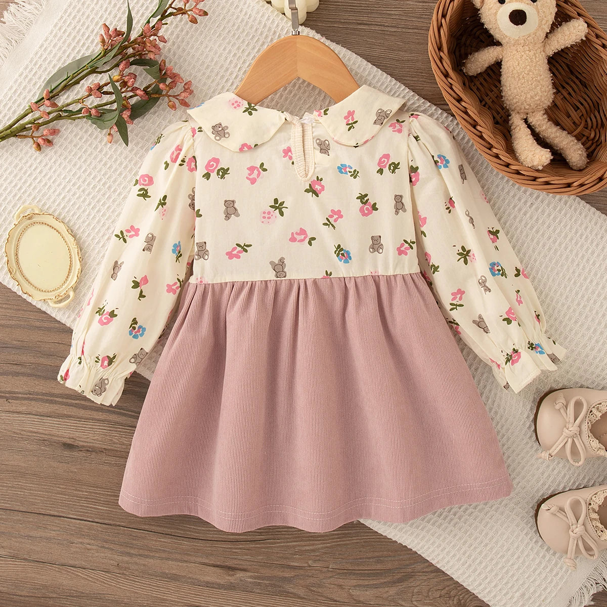 9 Months -4 Years Old Spring And Autumn New Floral Long Sleeved Baby Girl Dress, Sweet Bow Children'S Clothing
