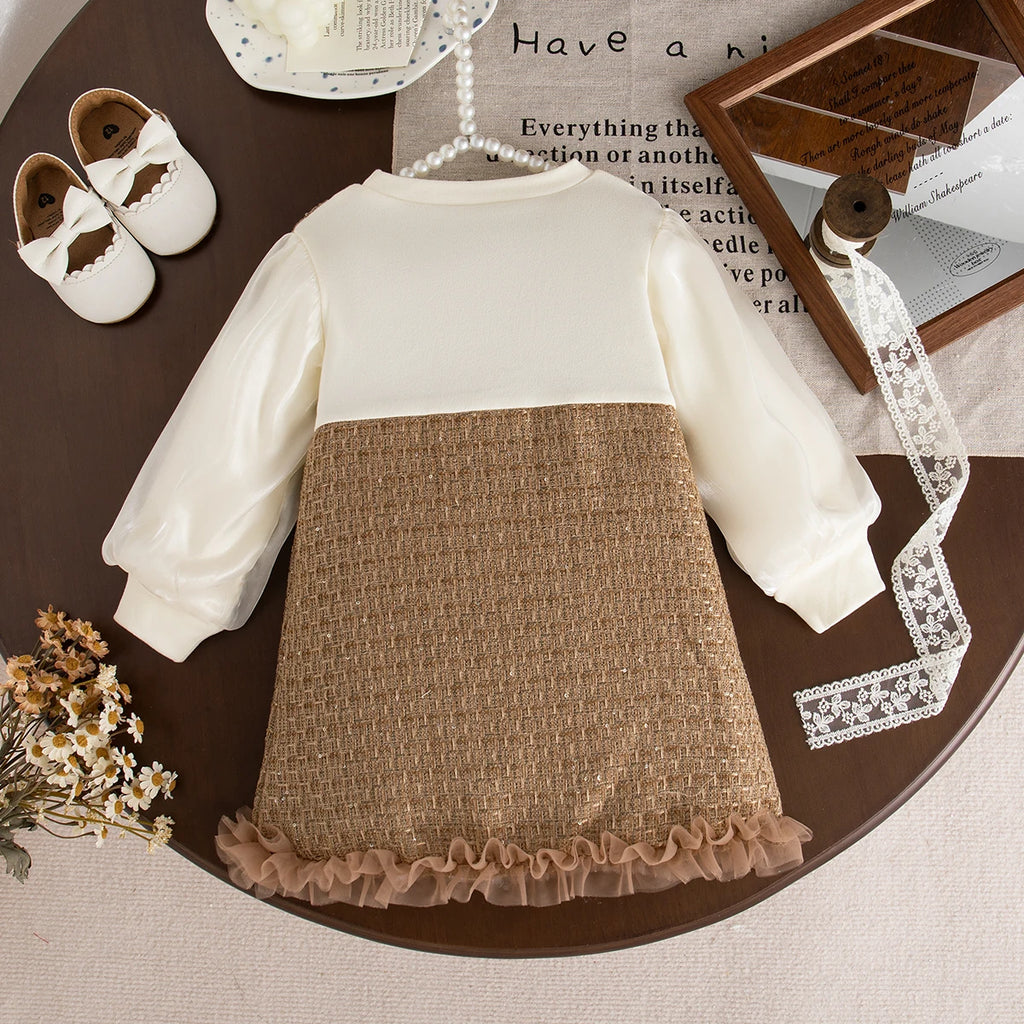 9 Months -3 Years Old Spring And Autumn New Sweet Bow Baby Girl Dress, Korean Style Children'S Long Sleeved Clothes