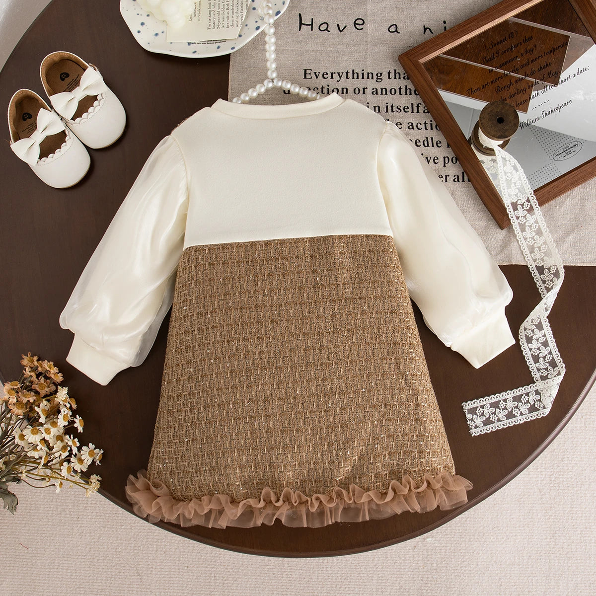 9 Months -3 Years Old Spring And Autumn New Sweet Bow Baby Girl Dress, Korean Style Children'S Long Sleeved Clothes