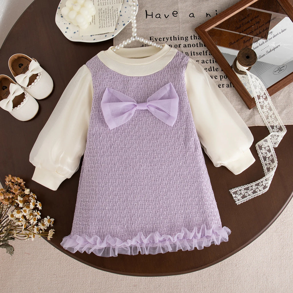 9 Months -3 Years Old Spring And Autumn New Sweet Bow Baby Girl Dress, Korean Style Children'S Long Sleeved Clothes