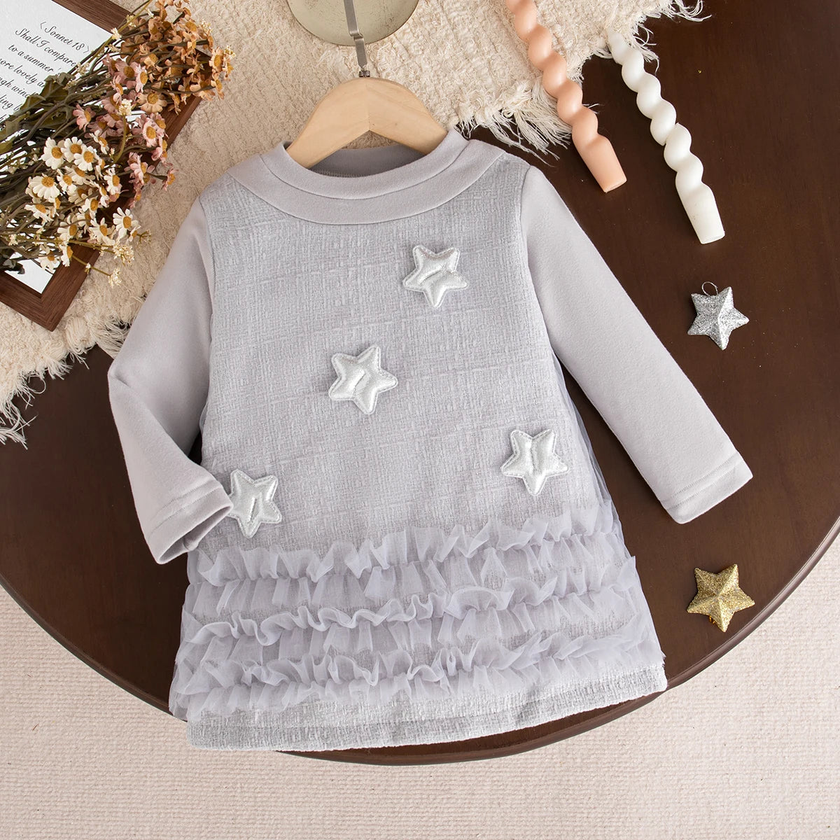 9 Months -3 Years Old Spring And Autumn New Sweet Star Baby Girl Dress, Simple Style Children'S Long Sleeved Clothes