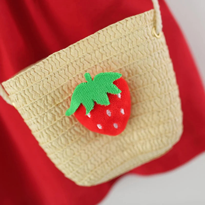 Summer New Red Strawberry Baby Girl Dress, Sweet And Festive Children'S Sleeveless Clothes With Free Strawberry Bag (0-3 Years)