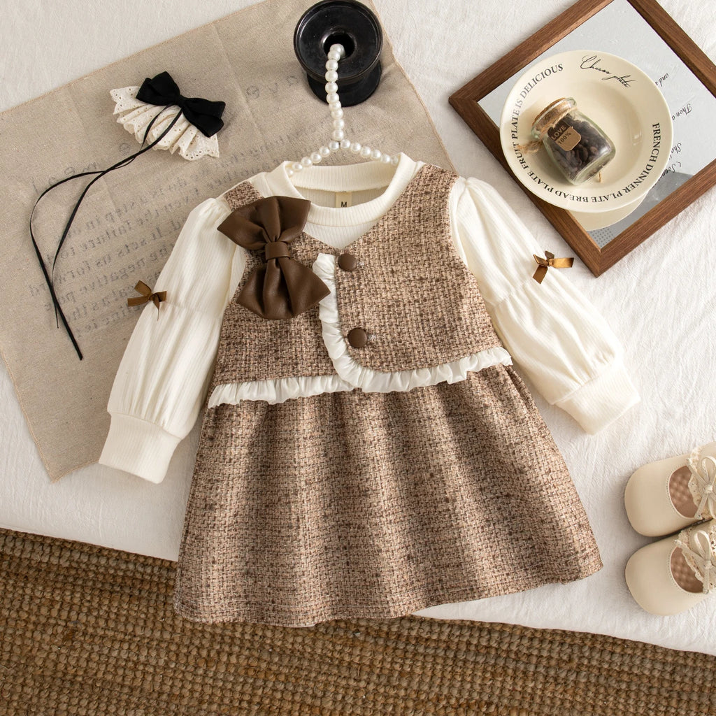 Autumn New Sweet Bow Baby Girl Dress, Simple Checkered Long Sleeved Children'S Clothing Suitable For Babies Aged 0-3 Years