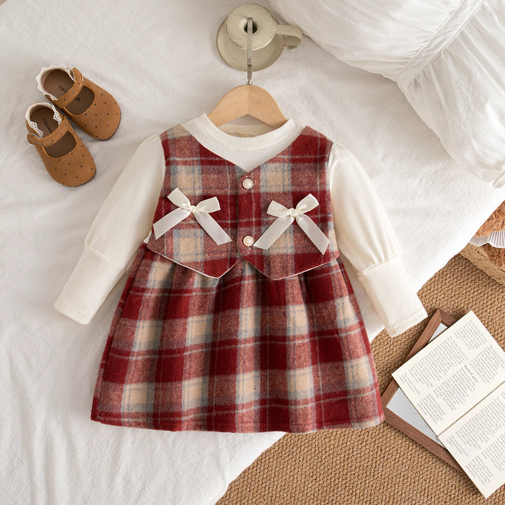 9 Months -3 Years Old Spring And Autumn New Plaid Baby Girl Dress, Sweet Bow Children'S Long Sleeved Clothes