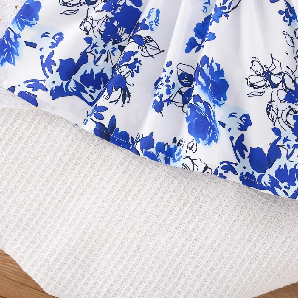 (6 Months -3 Years Old) Spring And Autumn New Blue Flower Baby Girl Dress, Chinese Retro Style Children'S Long Sleeve Clothes