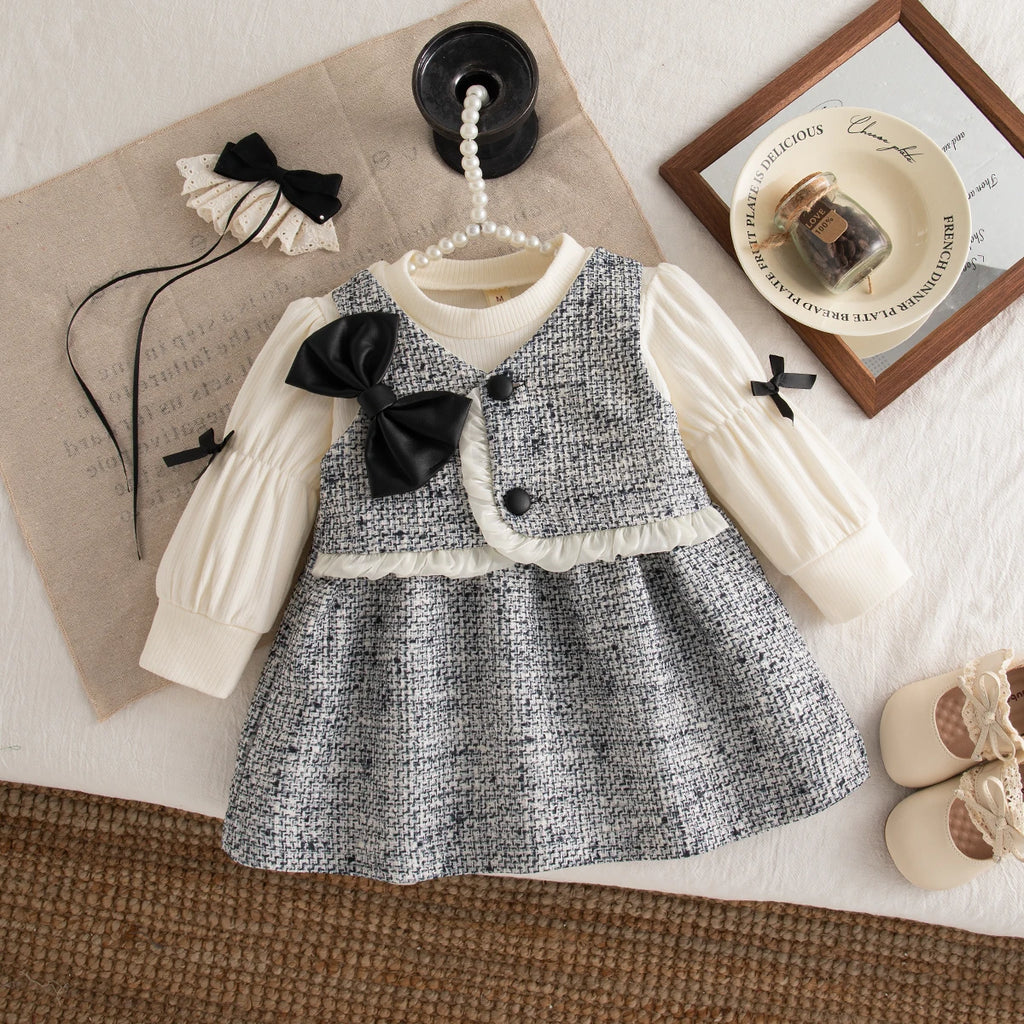 Autumn New Sweet Bow Baby Girl Dress, Simple Checkered Long Sleeved Children'S Clothing Suitable For Babies Aged 0-3 Years