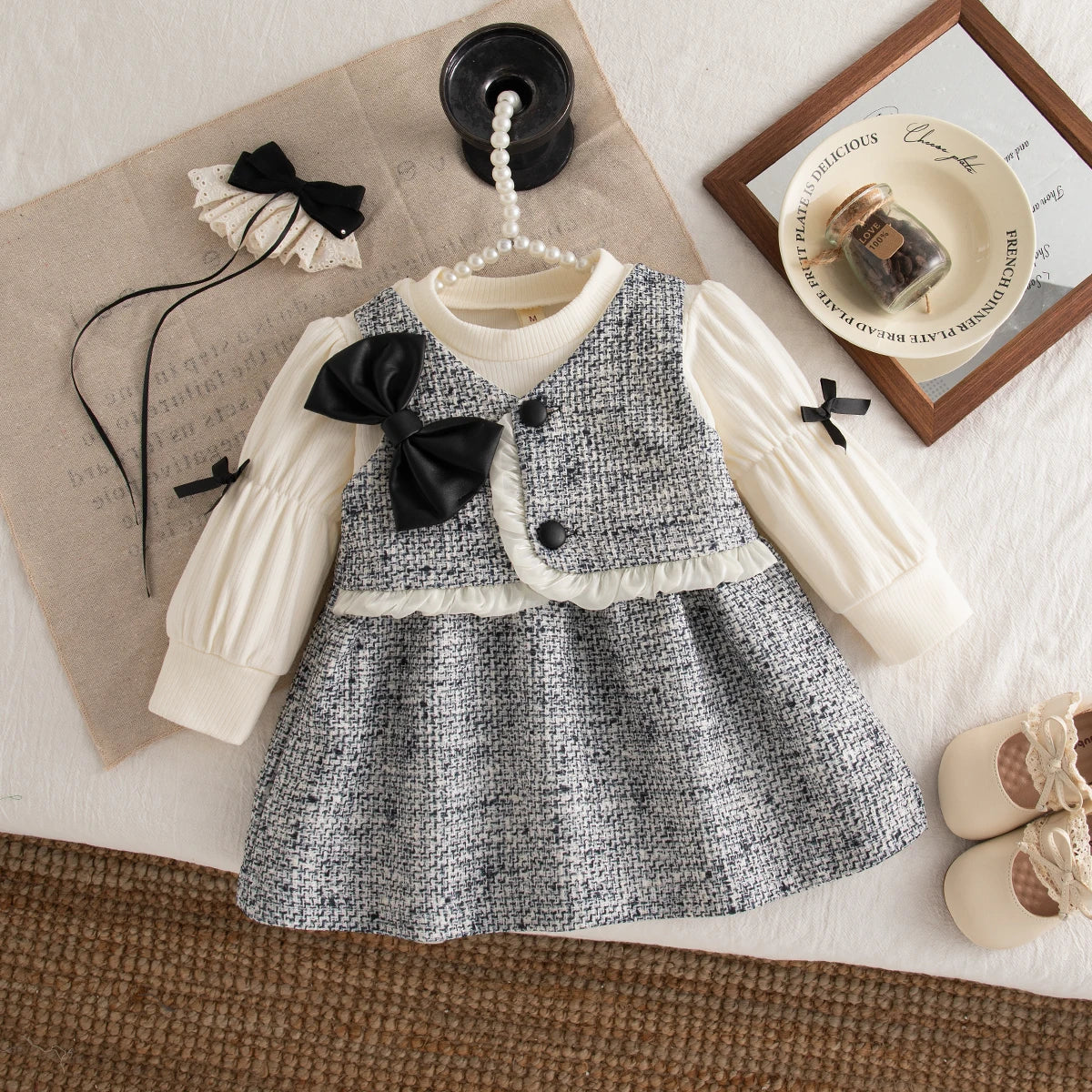 Autumn New Sweet Bow Baby Girl Dress, Simple Checkered Long Sleeved Children'S Clothing Suitable For Babies Aged 0-3 Years