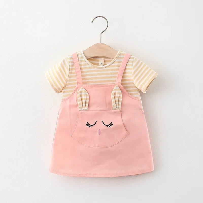 Summer Baby Cartoon Cat Dress Striped Short Sleeve Top Suspended Princess Dress 0-3 Year Old Girls' Clothing