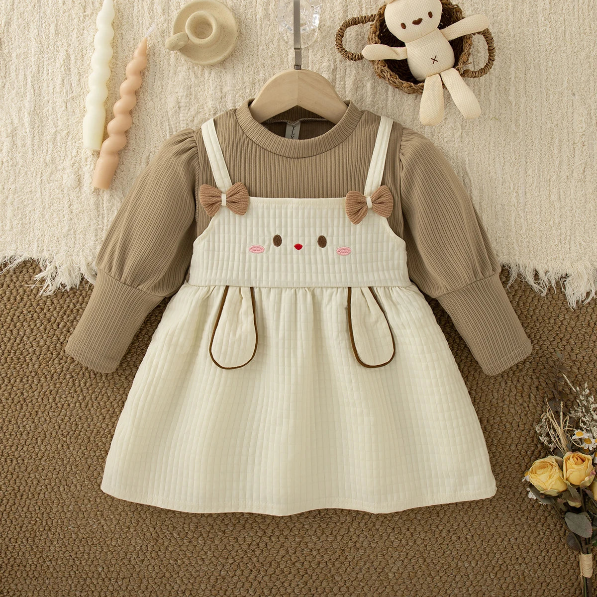 Cute Rabbit Baby Girl Dress, Spring And Autumn New Sweet Bow Children'S Long Sleeved Clothes (9 Months -3 Years Old)