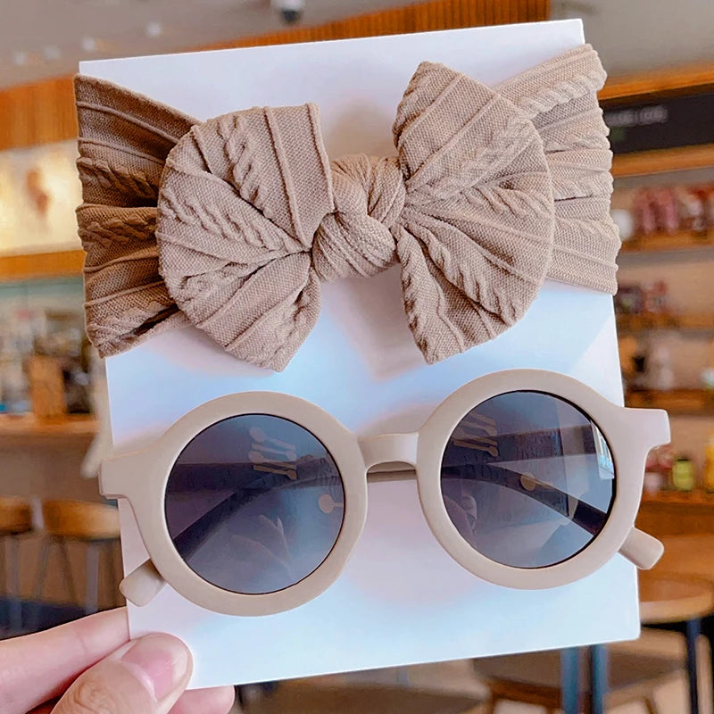2 Pcs/Set New Children Solid Color Cotton Bowknot Wide Hairband Round Sunglasses Set Baby Girls Sunglasses Kids Hair Accessories
