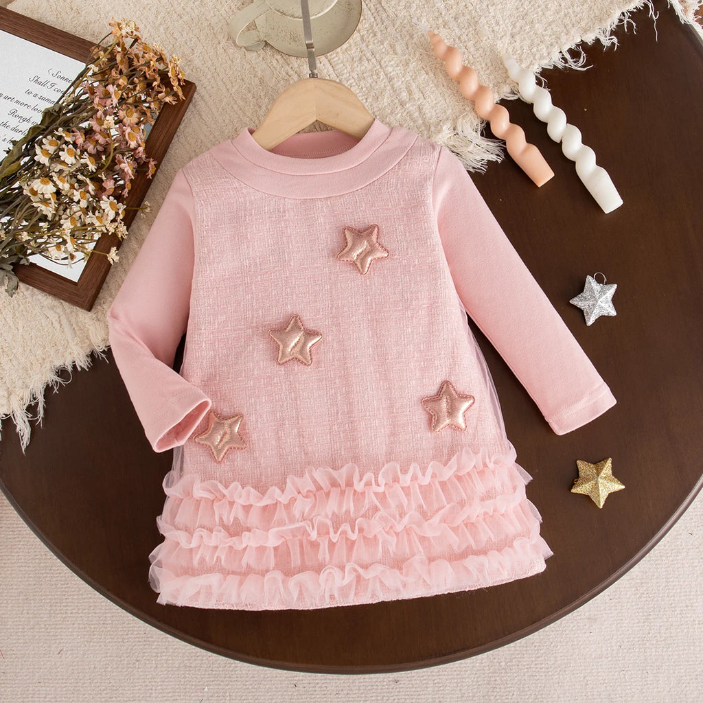 9 Months -3 Years Old Spring And Autumn New Sweet Star Baby Girl Dress, Simple Style Children'S Long Sleeved Clothes