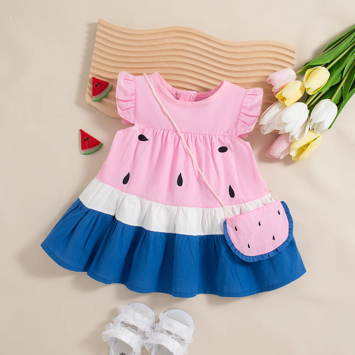 (0-3 Year Old Baby Girl Dress) Summer New Cute Watermelon Style Children'S Sleeveless Clothes With Free Watermelon Bag